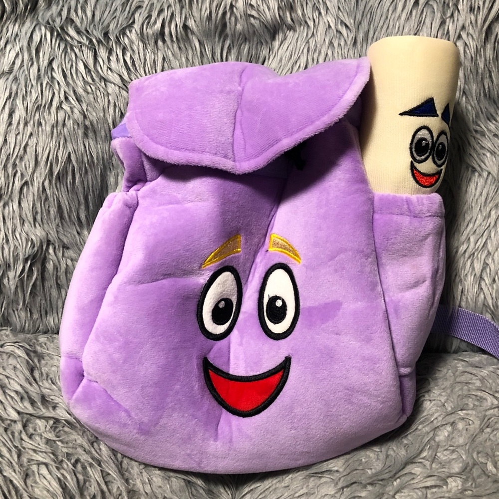 Dora The Explorer Plush Purple Backpack With Map Drawstring Bag 10" Nickelodeon